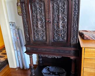 Applied carving Jacobean chest needs shelf inside, what a beaut! 28” wide by 53” high by 16” deep, would make a great bar , glass top  added