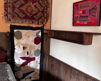 Very worn out rug over Asher style fish weaving measures 26 x 50