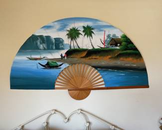 Hand painted fabric fan is 60 inches wide and 34 inches tall