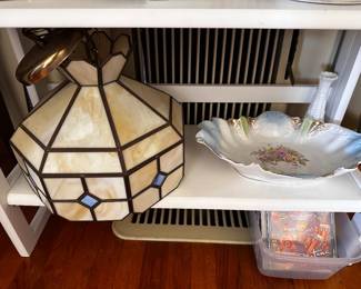 Let glass hanging lampshade of creamy, yellow and soft blue slag glass, approximately 12 inches diameter and 10 inches high just shade