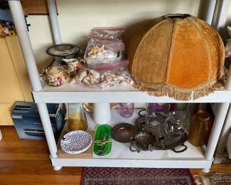 Gold velvet fringe lampshade bags of seashells for projects, silver plate, servers vases, and hors d’oeuvre trays