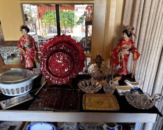 Japanese cloth, dolls, unusual design, Pyrex casserole with glass top, etched glass panels, honeycomb, oil, lamp,