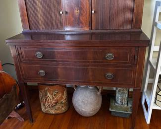 Lovely wood desk shown completely closed measures 36 inches wide by 19 inches deep