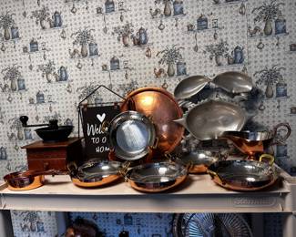 Coffee grinder, copper, measuring spoons, copper hand, hammered bowls with brass handles, aluminum, crab, server, gravy, boat, etc.