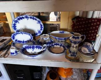Flow blue China dinnerware with assorted old marks a few pieces, slight as is, but still gorgeous