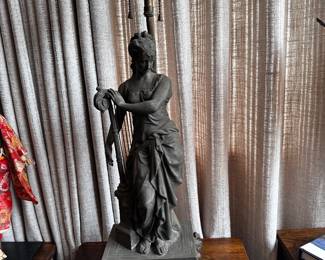 Table lamp of harp playing woman is 18 inches of figurine and 30 inches overall shown without shade because it obstructs her beauty