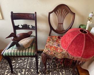 Single chair with beautifully carved back, duck, decoys, soft, red, velvet shade with fringe, single chair with shield back