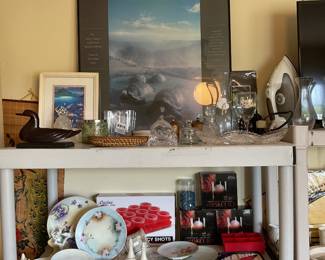 Tortoise poster, glassware, hand carved duck hand, painted dishes, whiskey, ice, making kits and shot molds and fish fork set