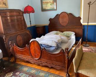 Bedroom set includes this fabulous headboard and footboard with rails with swans carved on the foot board double size can use with queen if longer boards are added for support