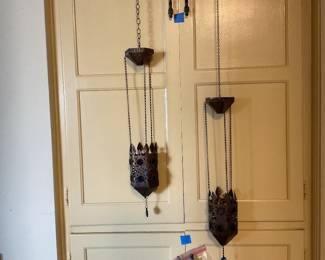 Ceiling light fixture with hanging electric lights or not drops 38 inches total as shown can be shortened lovely colored glass crystal insects on pierced brass