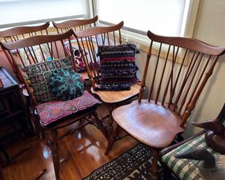 Set five Windsor style dining chairs, great work horses and super comfortable surprisingly with assortment of pillows, both Egyptian appliqué Maura, textile art, and saddle bag Ish Kilim  Art