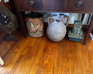 Magazine holder needs TLC on applied hand painted ends ancient look pottery with woven handles approximately 15 inches high by 12 inches wide and complete fountain of slate stone