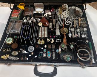 Sterling and turquoise rings and bracelets, silver cufflinks, assorted, ladies watches, brooches earrings, cigarette cases, flask, hand knurling tool, leaf tall beverage spoons, etc..