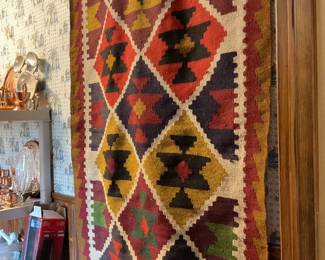 38“ x 60“ with slots to put on a pole at the topwoven wool? Kilim  wall hanging