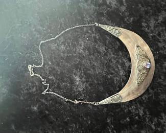 Two Necklaces: Natural Stone Pendant Necklace and Crescent Collar Necklace