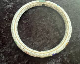 Vintage White Cloisonné Bangle Bracelet with Floral and Cloud Motifs