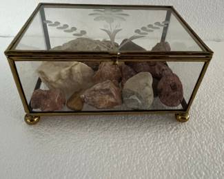 Etched Glass and Brass Hinged Box with Decorative Floral Motif