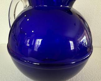 Cobalt Blue Handblown Glass Pitcher with Clear Handle