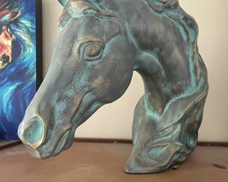 Bronze Horse Head Sculpture with "Flaming Mane" and Verdigris Patina