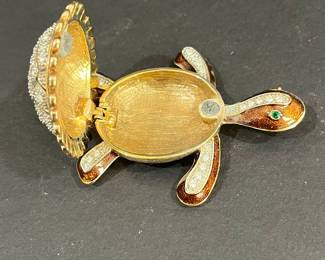 Enamel and Rhinestone Turtle Hinged Trinket Box Brooch