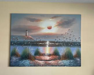 Vintage Estate Original Oil Painting Nautical Lighthouse by R. Taylor