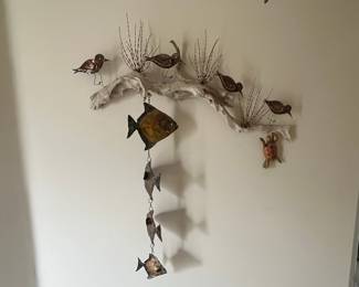 Driftwood and Metal Coastal Wall Art with Birds, Fish, and Turtle