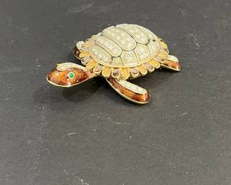 Enamel and Rhinestone Turtle Hinged Trinket Box Brooch