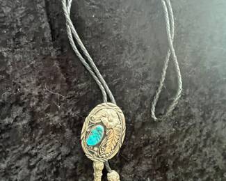 Native American Sterling Silver Turquoise Bolo Tie with Floral and Feather Motif