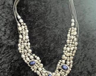 Sterling Silver Multi-Strand Lapis Lazuli Bead Necklace
