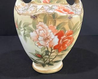 Antique Hand Painted Nippon Vase with Floral Motif and Gold Accents