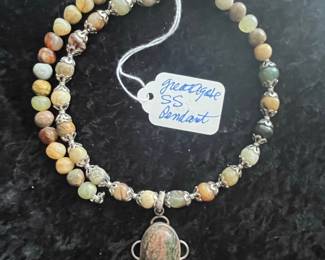 Two Necklaces: Natural Stone Pendant Necklace and Crescent Collar Necklace