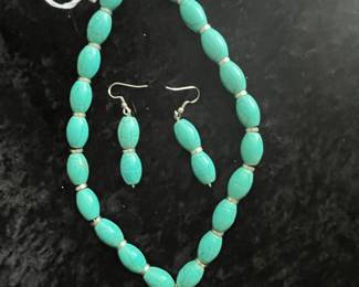 Turquoise Bead Necklace and Earring Set with Pendant