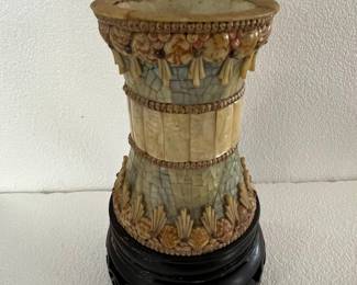 Mottled Blue and Cream Vase with Shell and Fan Embellishments on Wooden Stand