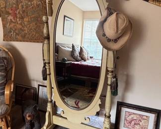Antique Cheval Mirror with Asian Tiger Fan