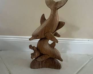 Hand Carved Wooden Double Dolphin Sculpture