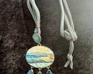 Vintage Hand-Painted Enamel and Agate Nautical Scene Pendant Necklace