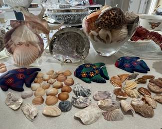 Assorted Seashells and Folk Art Ceramic Nautical Decor