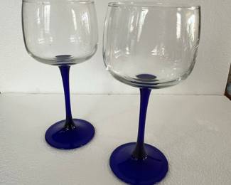 Set of Two Clear Blown Glass Goblets with Cobalt Blue Stems and Bases