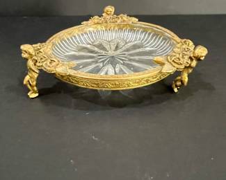 Vintage Gilt Bronze and Cut Crystal Trinket Dish with Cherubs