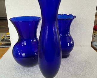 Set of 3 Cobalt Blue Glass Vases