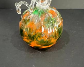 Hand Blown Glass Pumpkin - Orange and Green Swirl