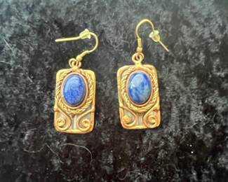 Art Nouveau Style Lapis Lazuli and Brass Dangle Earrings