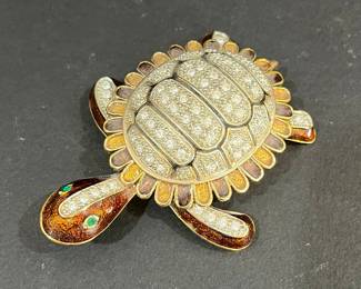 Enamel and Rhinestone Turtle Hinged Trinket Box Brooch