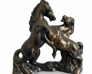Mid-Century Black Ceramic Fighting Stallions Sculpture