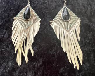 Native American Style Feather and Onyx Dangle Earrings