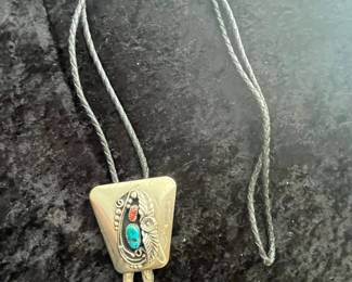 Effie Calavaza Zuni Turquoise and Coral Bolo Tie