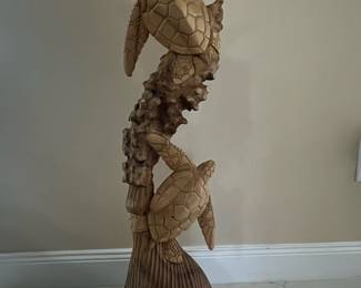 Hand-Carved Wooden Sea Turtle Sculpture on Driftwood Base