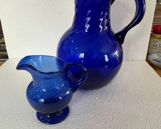Cobalt Blue Swirl Glass Pitcher and Creamer Set - Possible Blenko or Sandwich Glass
