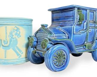 Vintage Relpo Blue Glazed Car Ceramic Planter And Carousel Horse Ceramic Planter