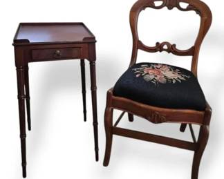 Antique Needlepoint Chair  Wooden Side Table